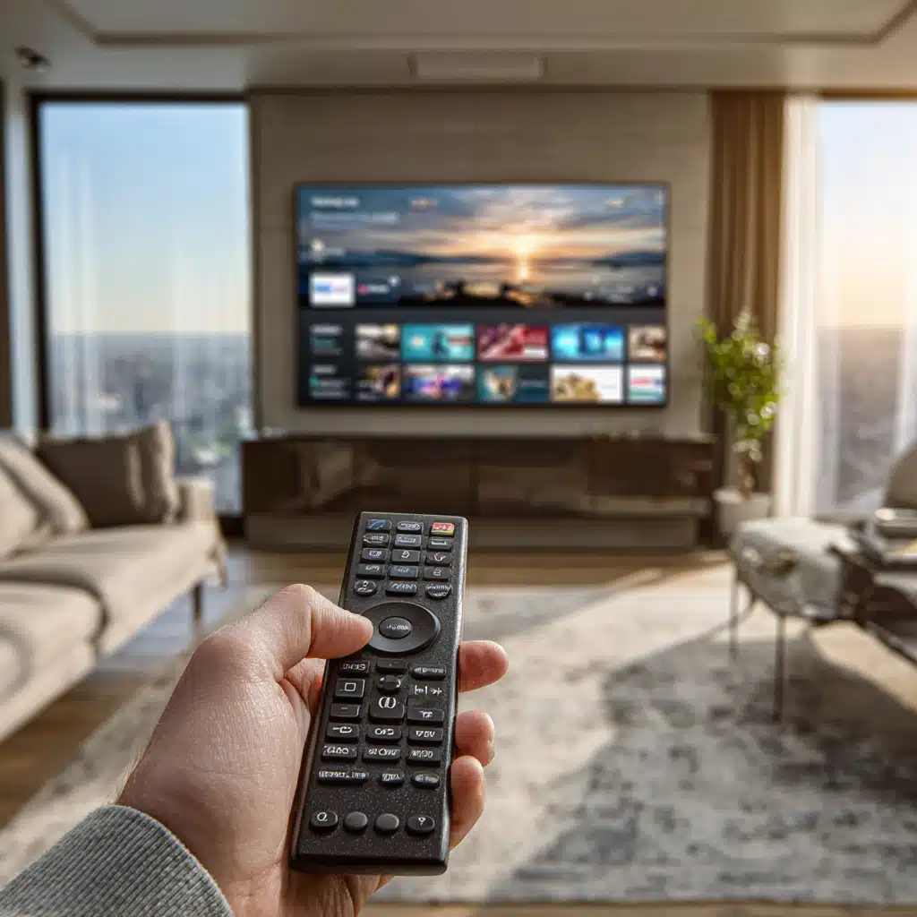 IPTV Smarters Pro subscription interface on smart TV in modern living room